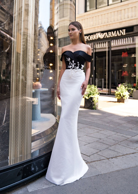 Off Shoulder White And Black Evening Dress