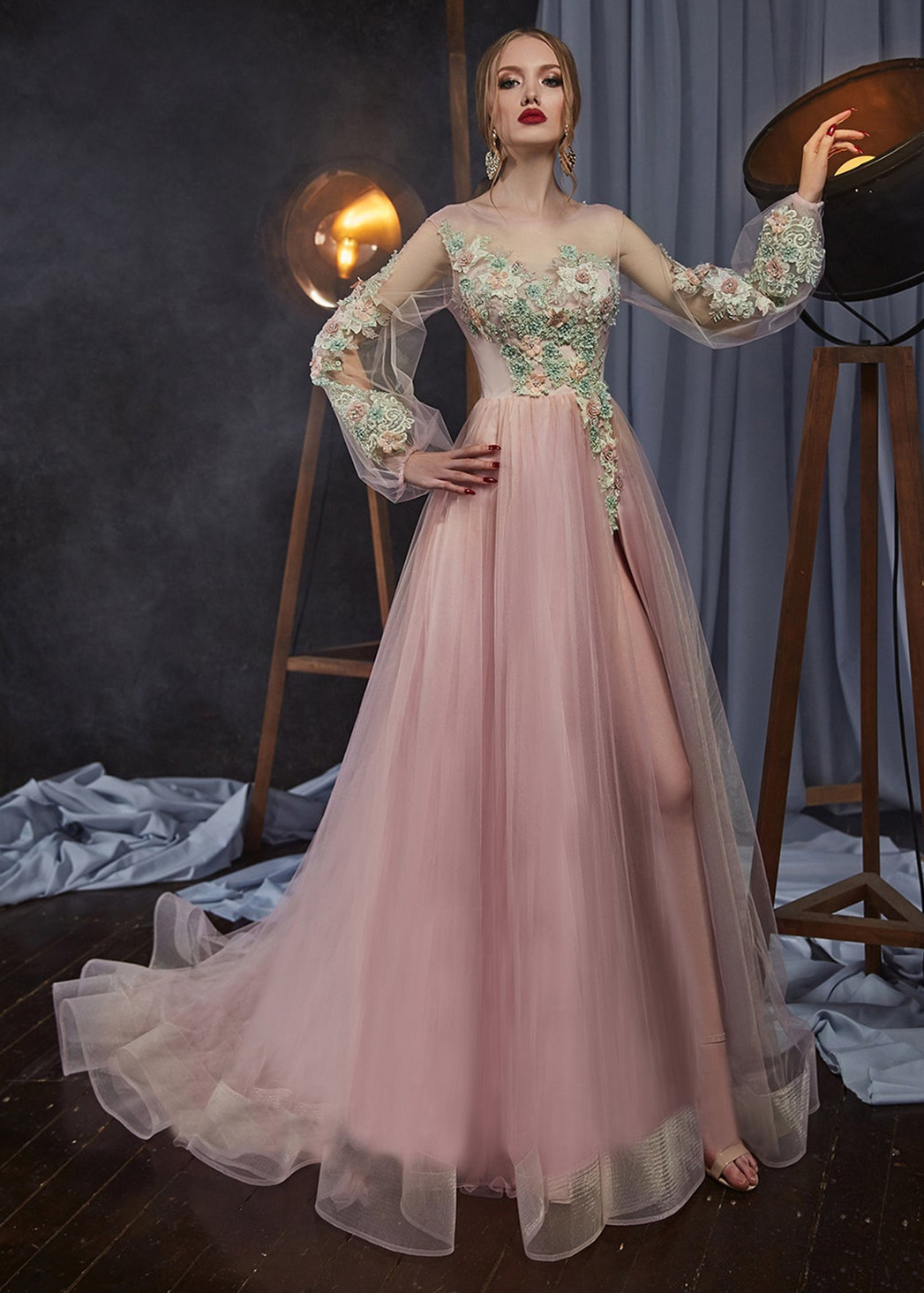 Floral Long Sleeves Slit Evening Dress