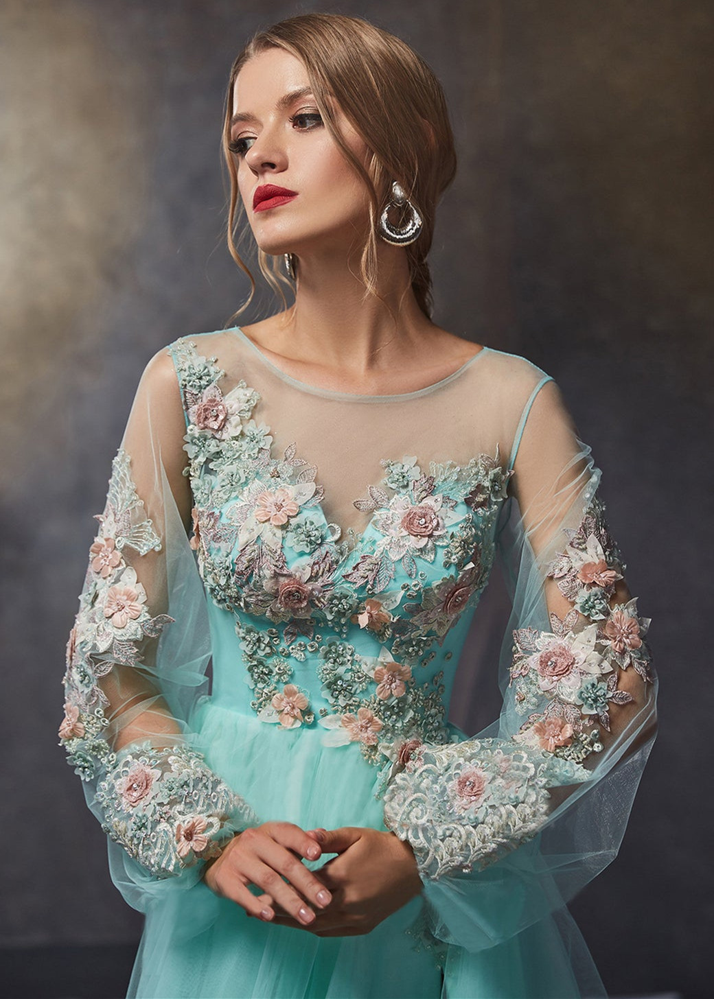 Floral Long Sleeves Slit Evening Dress