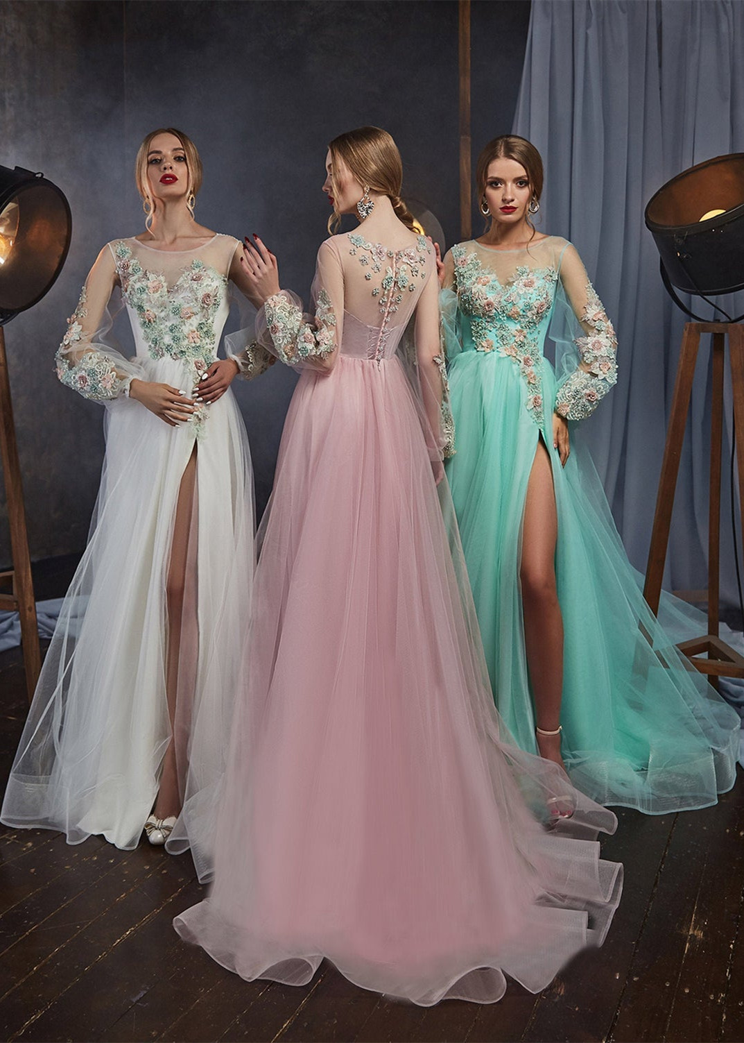 Floral Long Sleeves Slit Evening Dress