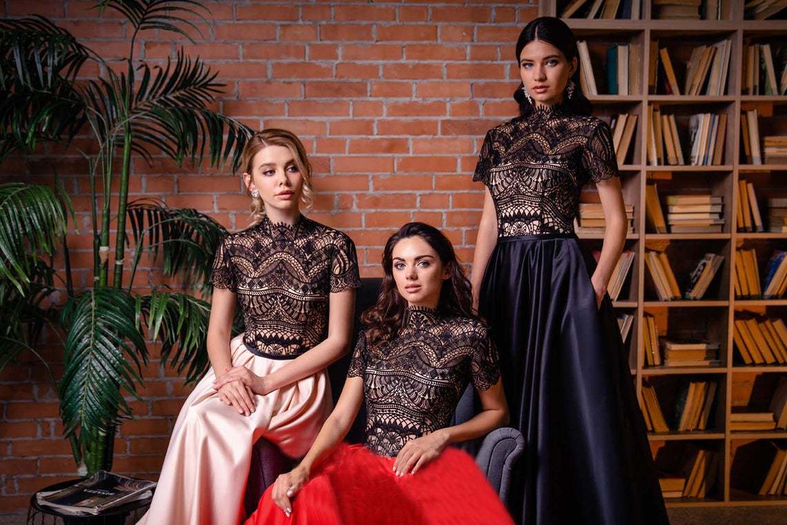 Two Piece Lace Satin Evening Dress Party Dress