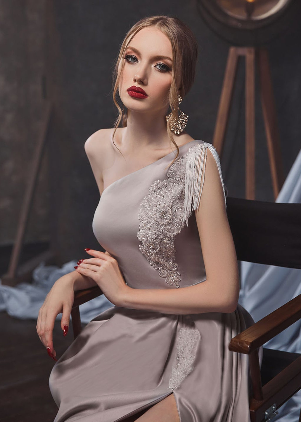 One Shoulder Satin Beaded Slit Evening Dress