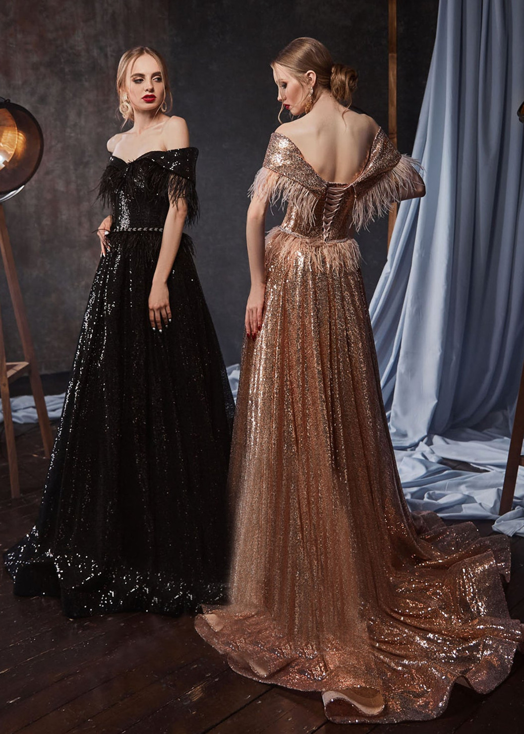 Off Shoulder Sequin Feather Luxury Evening Dress
