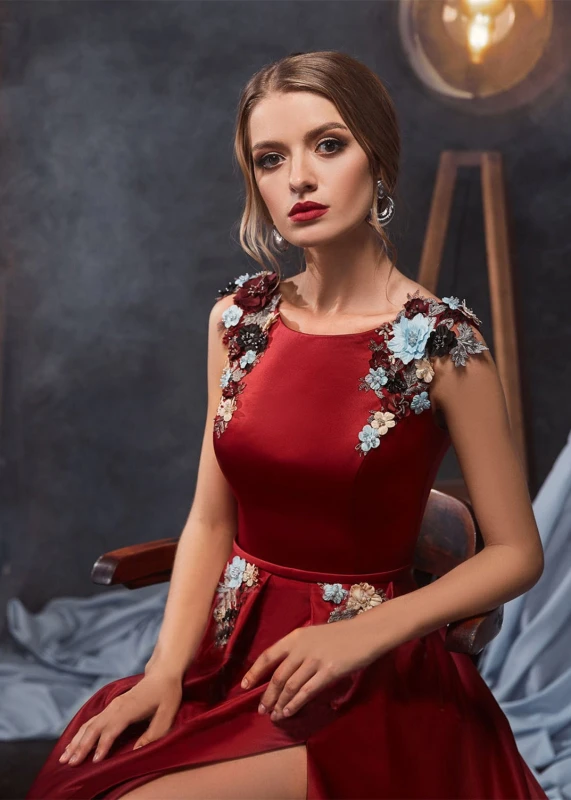 Green /Dust Red Satin Slit 3D FlowersCorset Back  Evening Dress