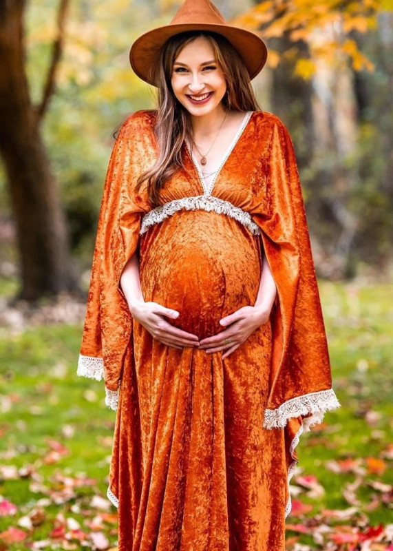 Organge Velvet Lace Trim Boho Maternity Dress
