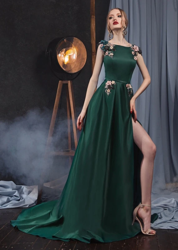 Green /Dust Red Satin Slit 3D FlowersCorset Back  Evening Dress