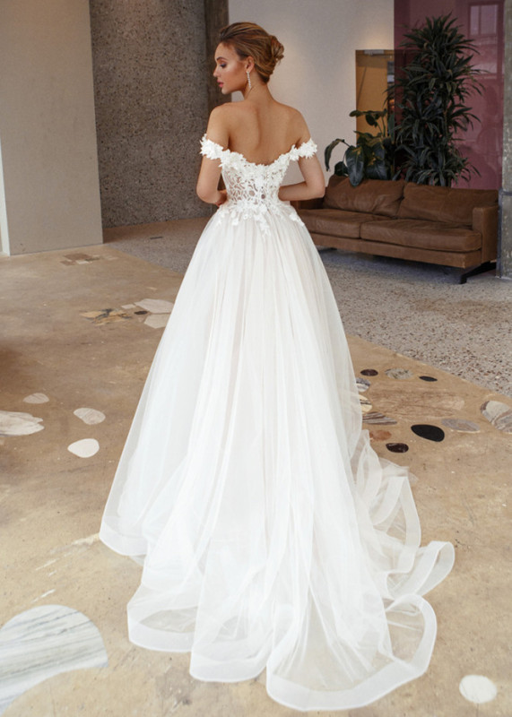 Off Shoulder Lace Tulle Horsehair Trimmed Wedding Dress