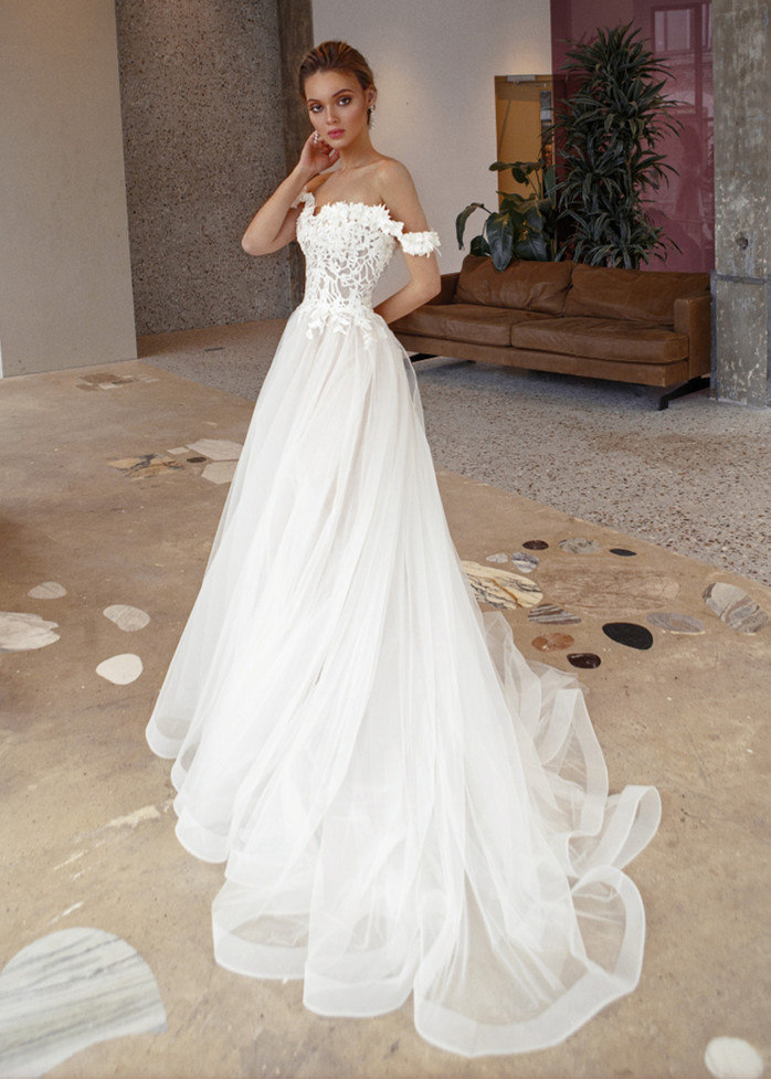 Off Shoulder Lace Tulle Horsehair Trimmed Wedding Dress