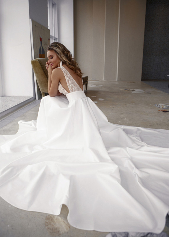 V Neck Beaded Mikado Wedding Dress