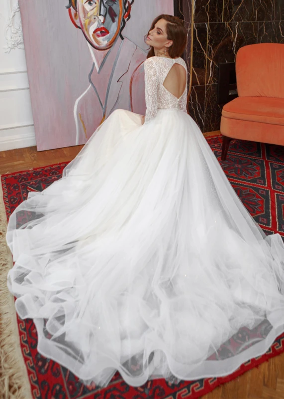 Sparkly Lace Tulle Notched Back Wedding Dress