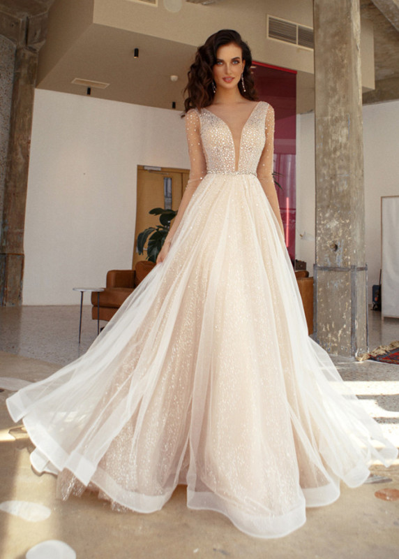 Long Sleeves Tulle Rhinestones Wedding Dress