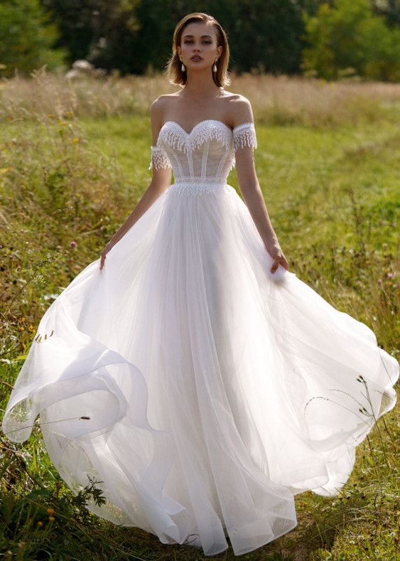 Off Shoulder Lace Tulle Wedding Dress