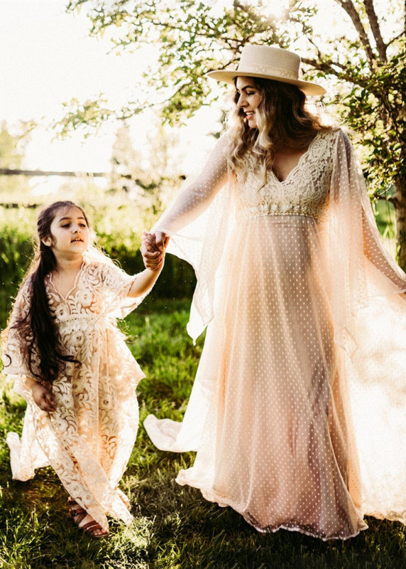 Champagne Dotted Tulle Lace Maternity Dress