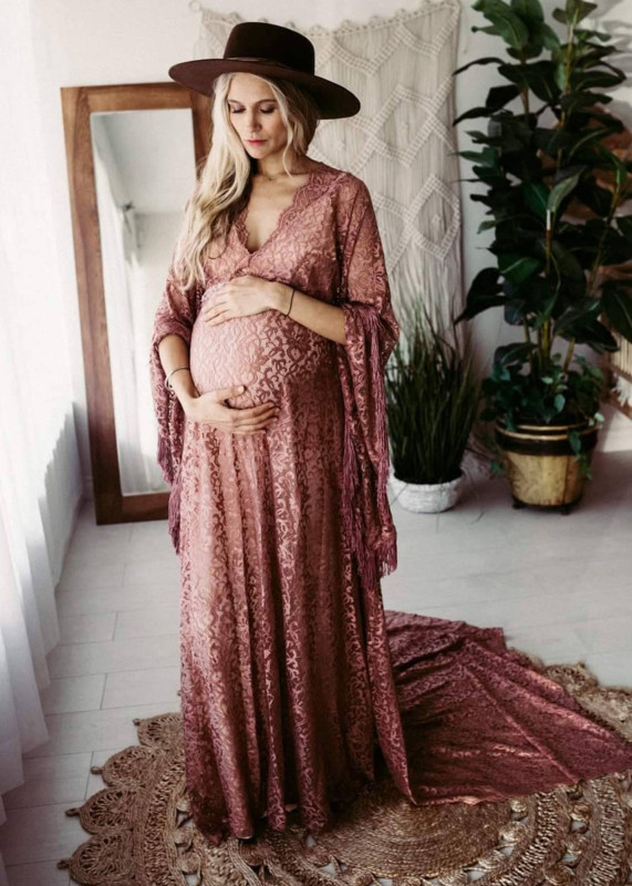 Mauve Lace V Neck  Maternity Dress