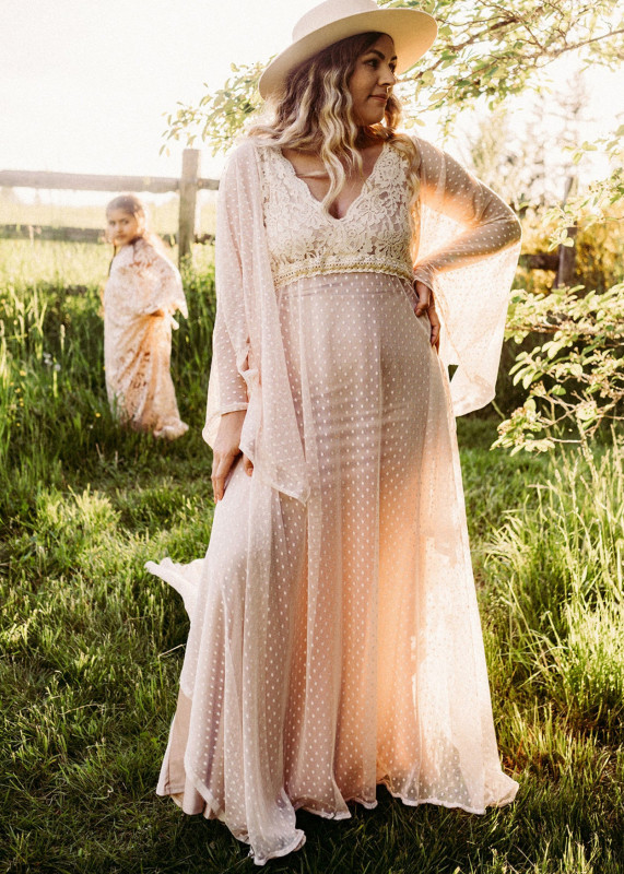 Champagne Dotted Tulle Lace Maternity Dress