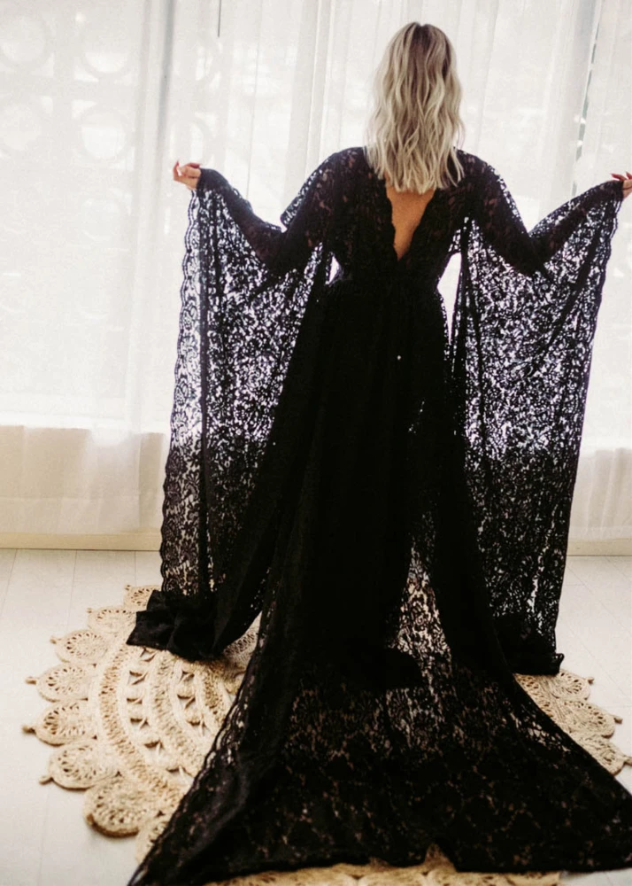black elegant maternity dress Tiffany Rose Isabella Long Maternity Gown with sleeves in Glitter Black