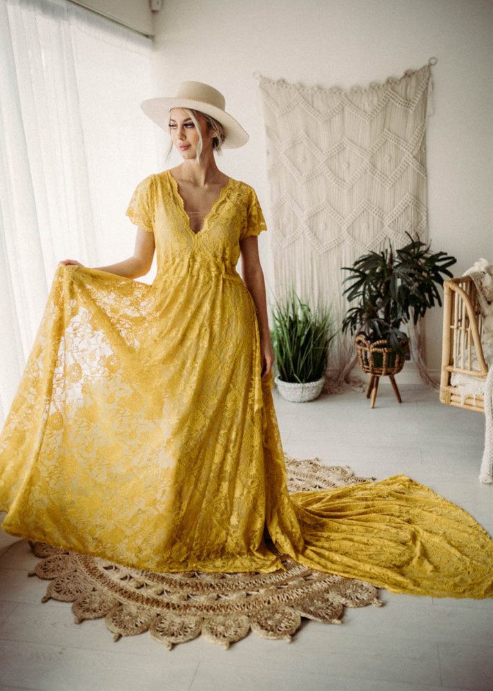 Short Sleeves Yellow Lace Maternity Dress