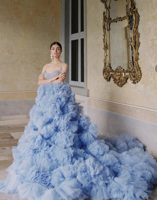 Blue Tulle Ruffle Prom Dress for Photoshoot