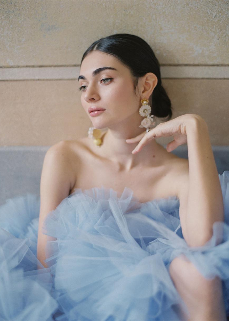 Blue Tulle Ruffle Prom Dress for Photoshoot