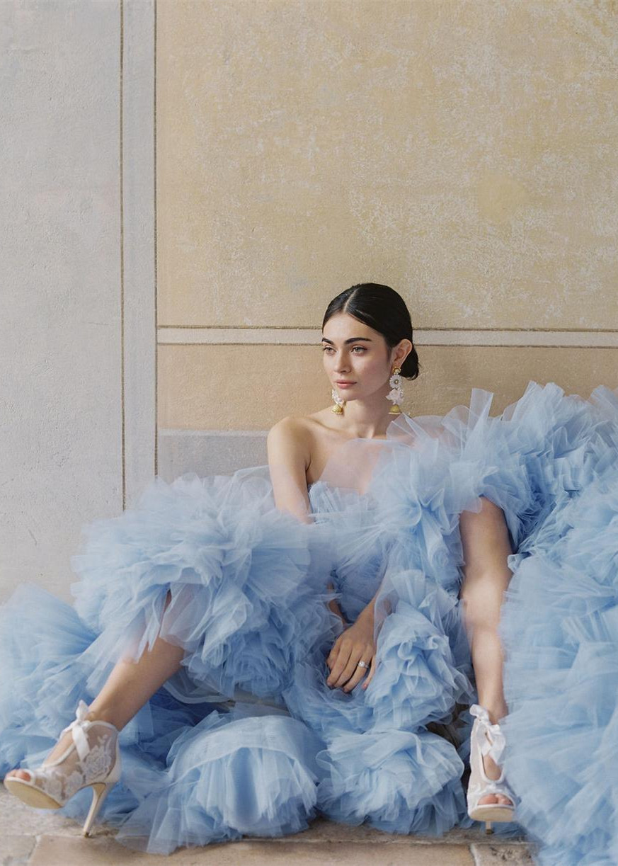 Blue Tulle Ruffle Prom Dress for Photoshoot