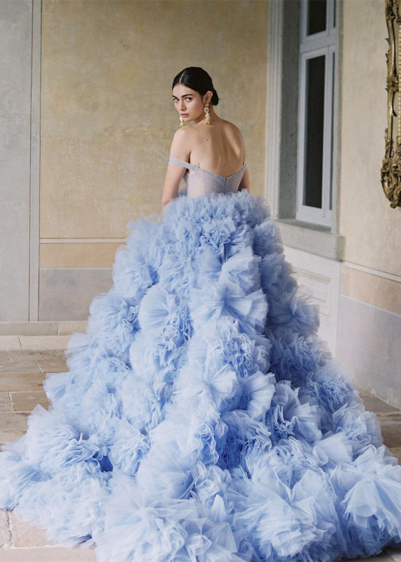 Blue Tulle Ruffle Prom Dress for Photoshoot