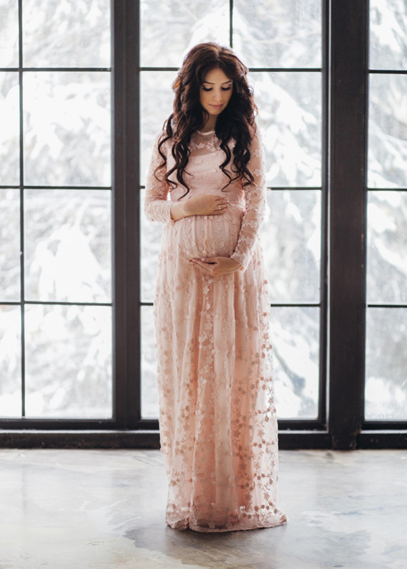 Long Sleeves Floral Lace Maternity Dress Photoshoot Dress