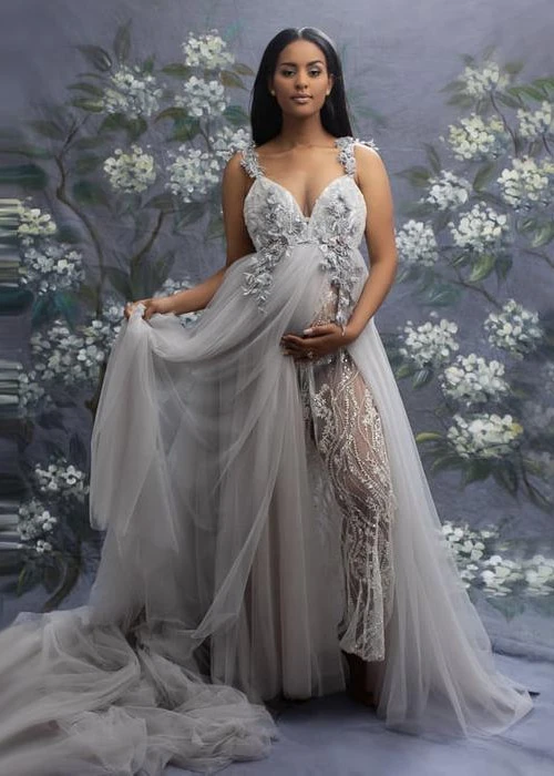Lace Tulle Maternity Dress With Long Train Lace Tulle Maternity Dress With Long Train