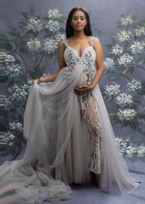 Lace Tulle Maternity Dress With Long Train