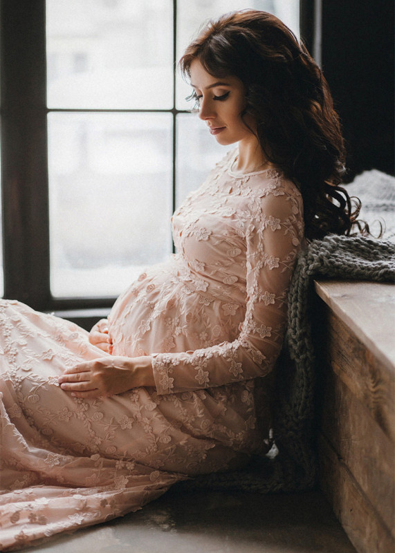 Long Sleeves Floral Lace Maternity Dress Photoshoot Dress