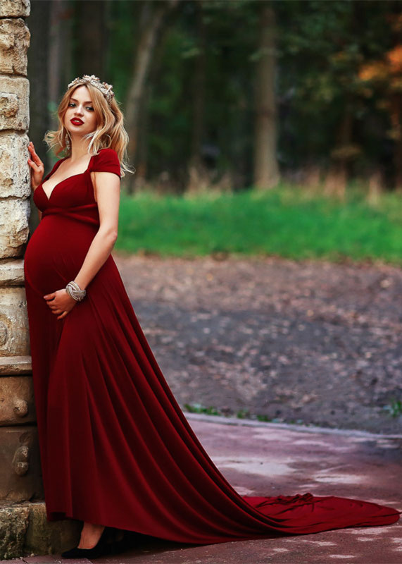 Burgundy Jersey Elegant Maternity Dress Photoshoot Dress