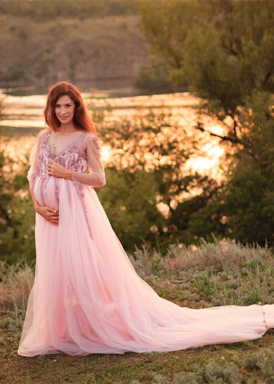 beaded maternity dress Pearl Lace Tulle Fabulous pregnant evening dress Scary Lady in Black collection-st-mawes neck and long sleeves Select Shoe Size:41