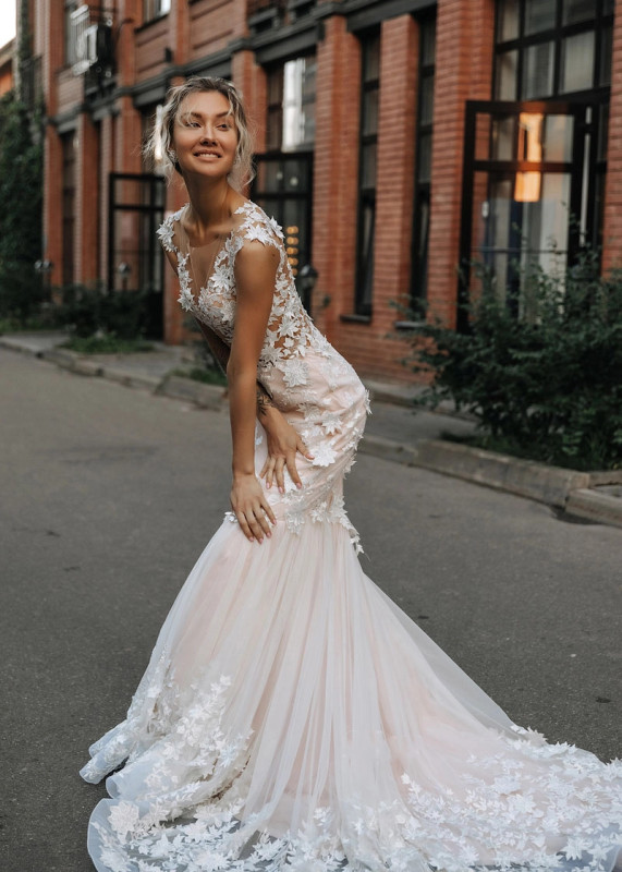 Ivory Lace Champagne Mermaid Lace Tulle Wedding Dress