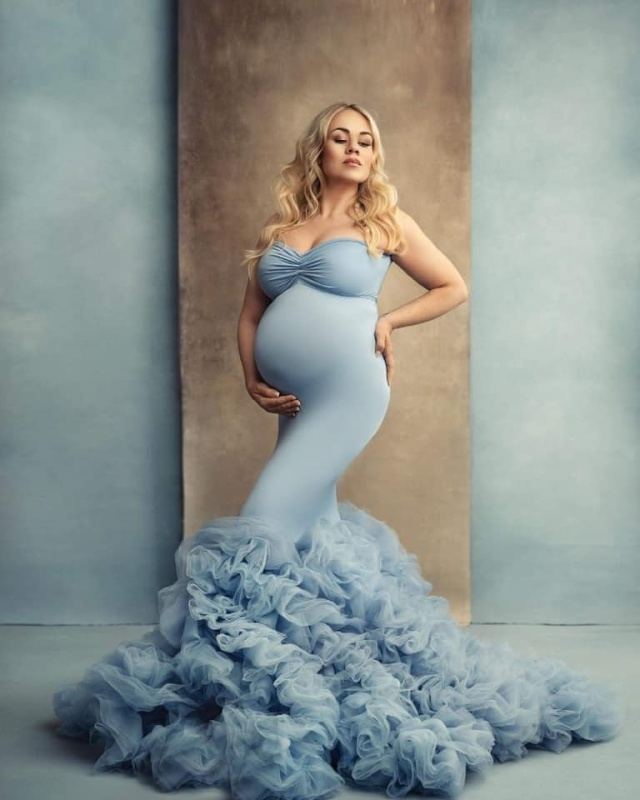 Blue Ruffled Mermaid Maternity Dress Babyshower Dress