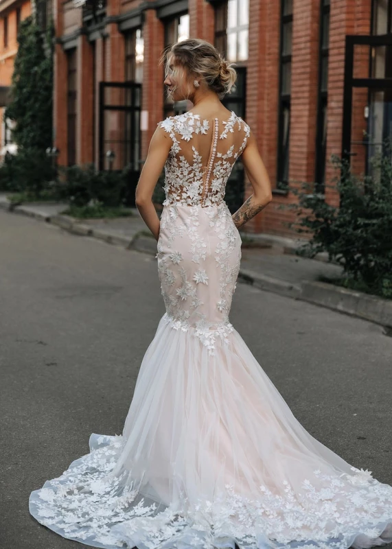 Ivory Lace Champagne Mermaid Lace Tulle Wedding Dress