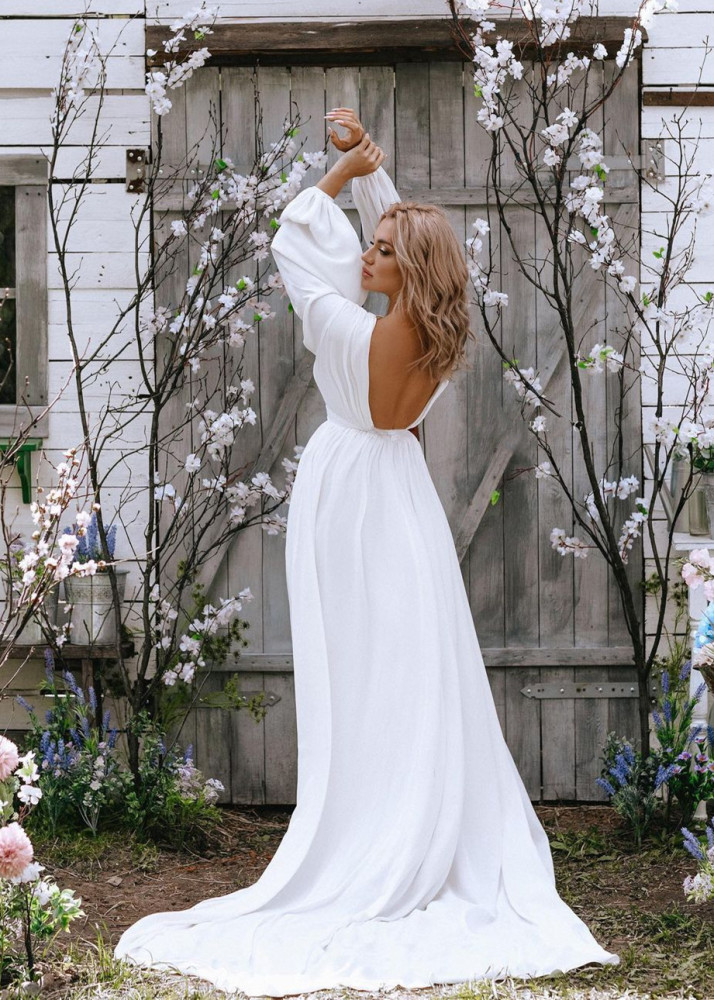 Ivory/White Chiffon Open Back Prom Dress
