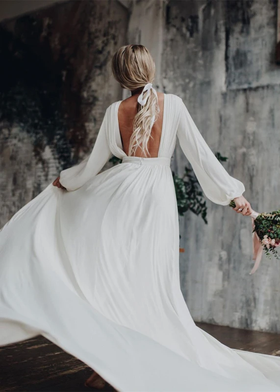 Ivory/White Chiffon Open Back Prom Dress