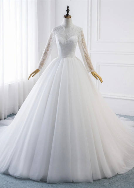 Ivory Eyelash Lace Tulle Pearls Wedding Dress