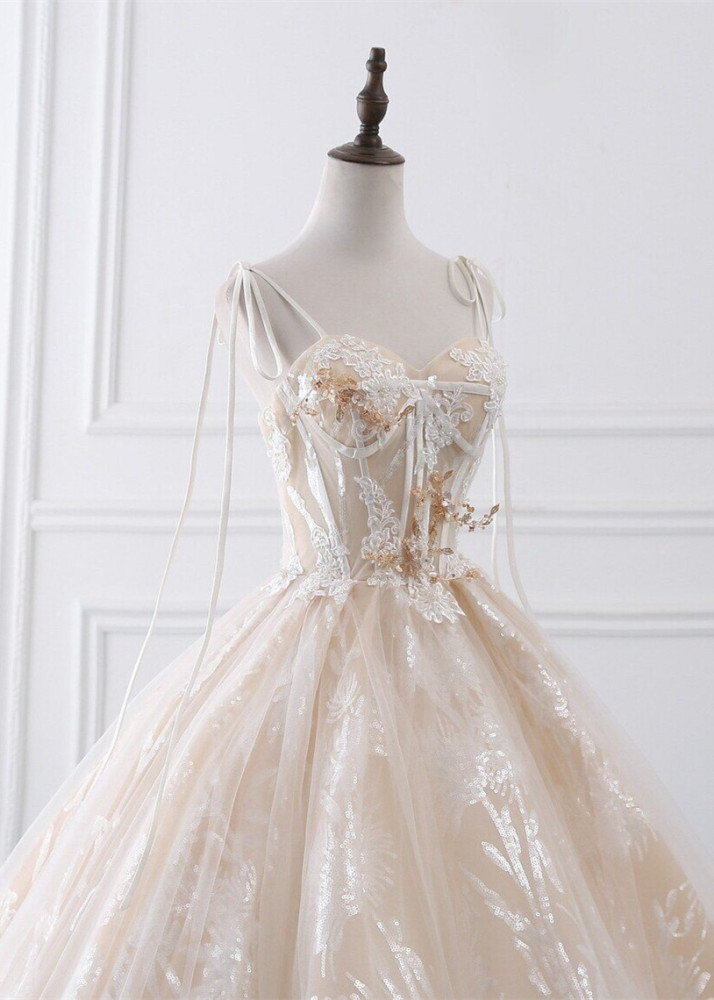 Beaded Champagne Lace Tulle Wedding Dress
