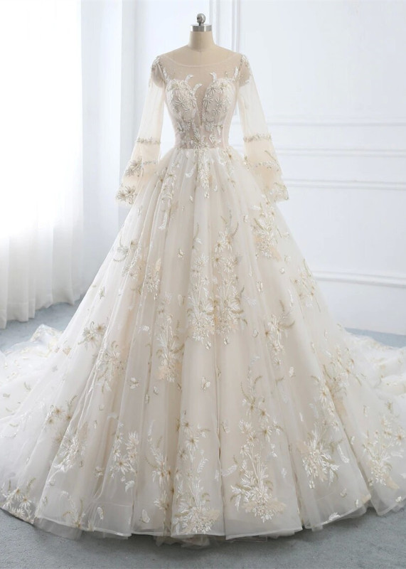 Beaded Lace Tulle Chic Wedding Dress