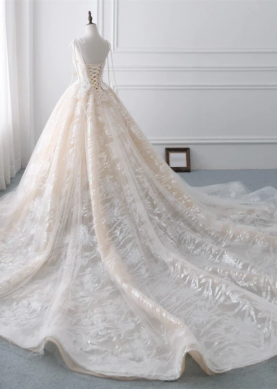 Beaded Champagne Lace Tulle Wedding Dress