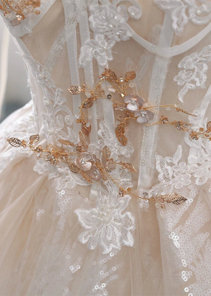 Beaded Champagne Lace Tulle Wedding Dress
