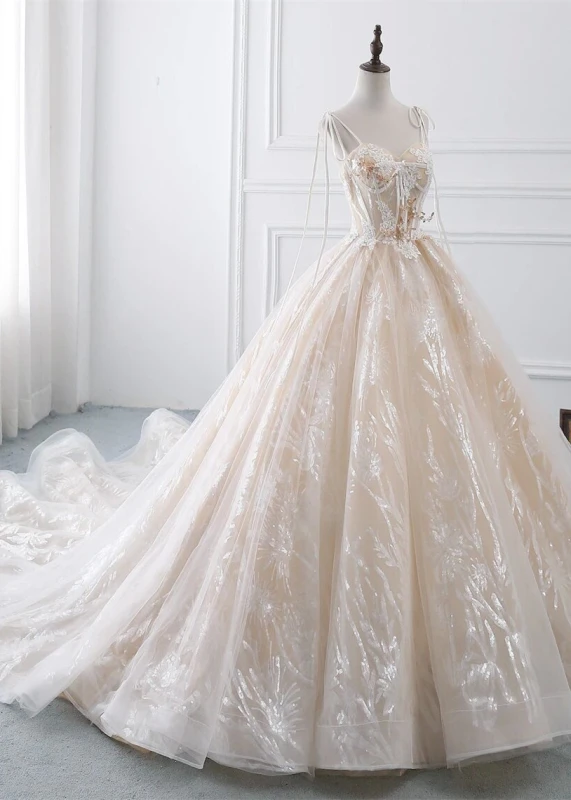 Beaded Champagne Lace Tulle Wedding Dress