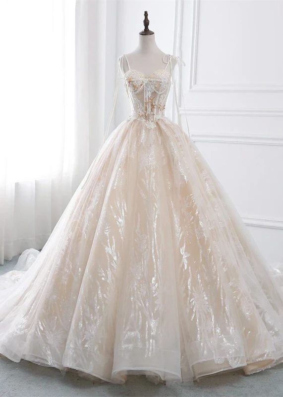 Beaded Champagne Lace Tulle Wedding Dress