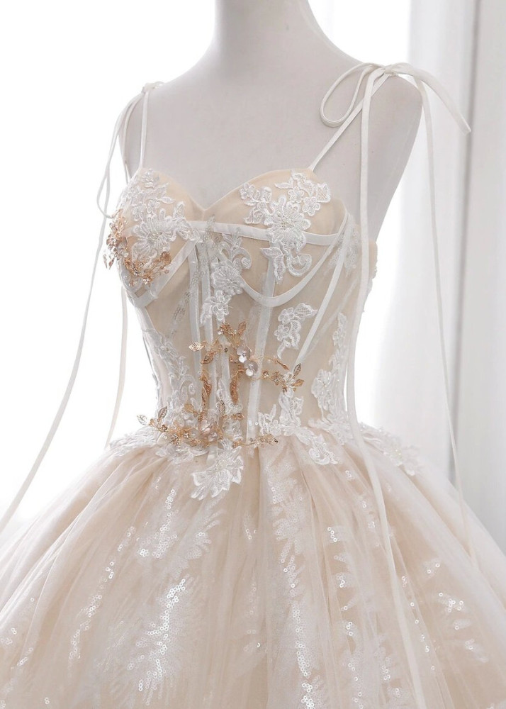 Beaded Champagne Lace Tulle Wedding Dress