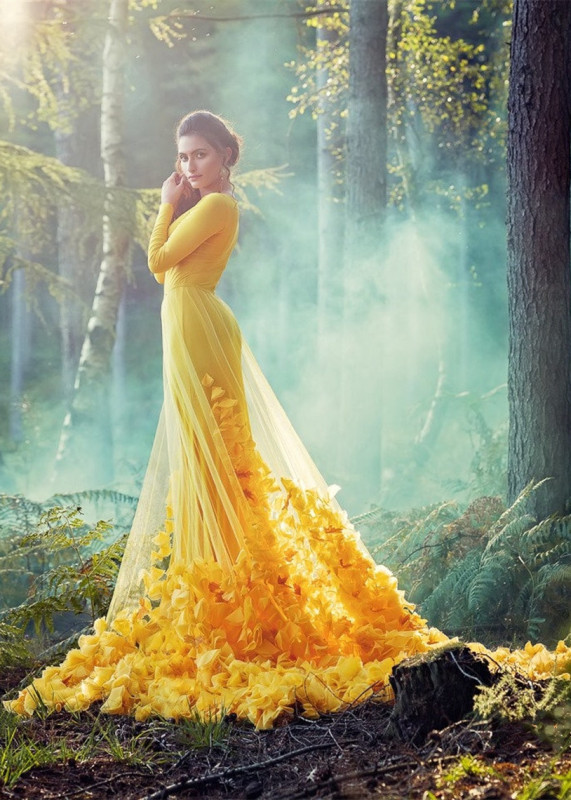 Yellow Jersey 3D Flowers Fairy Prom Dress