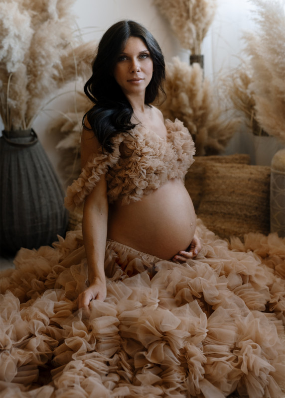 2 Pieces Tan Tulle Ruffled Fashion Maternity Dress