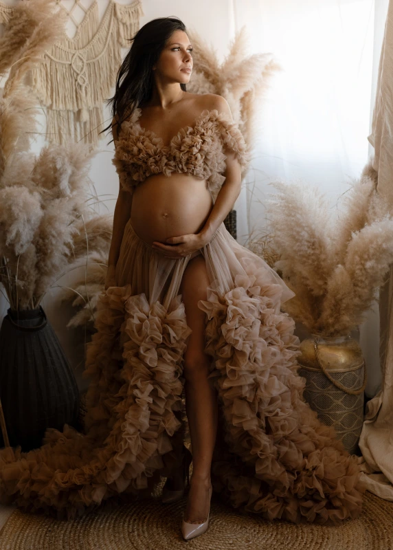 2 Pieces Tan Tulle Ruffled Fashion Maternity Dress