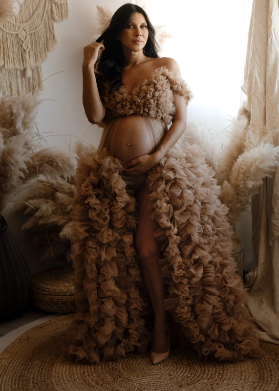 2 Pieces Tan Tulle Ruffled Fashion Maternity Dress