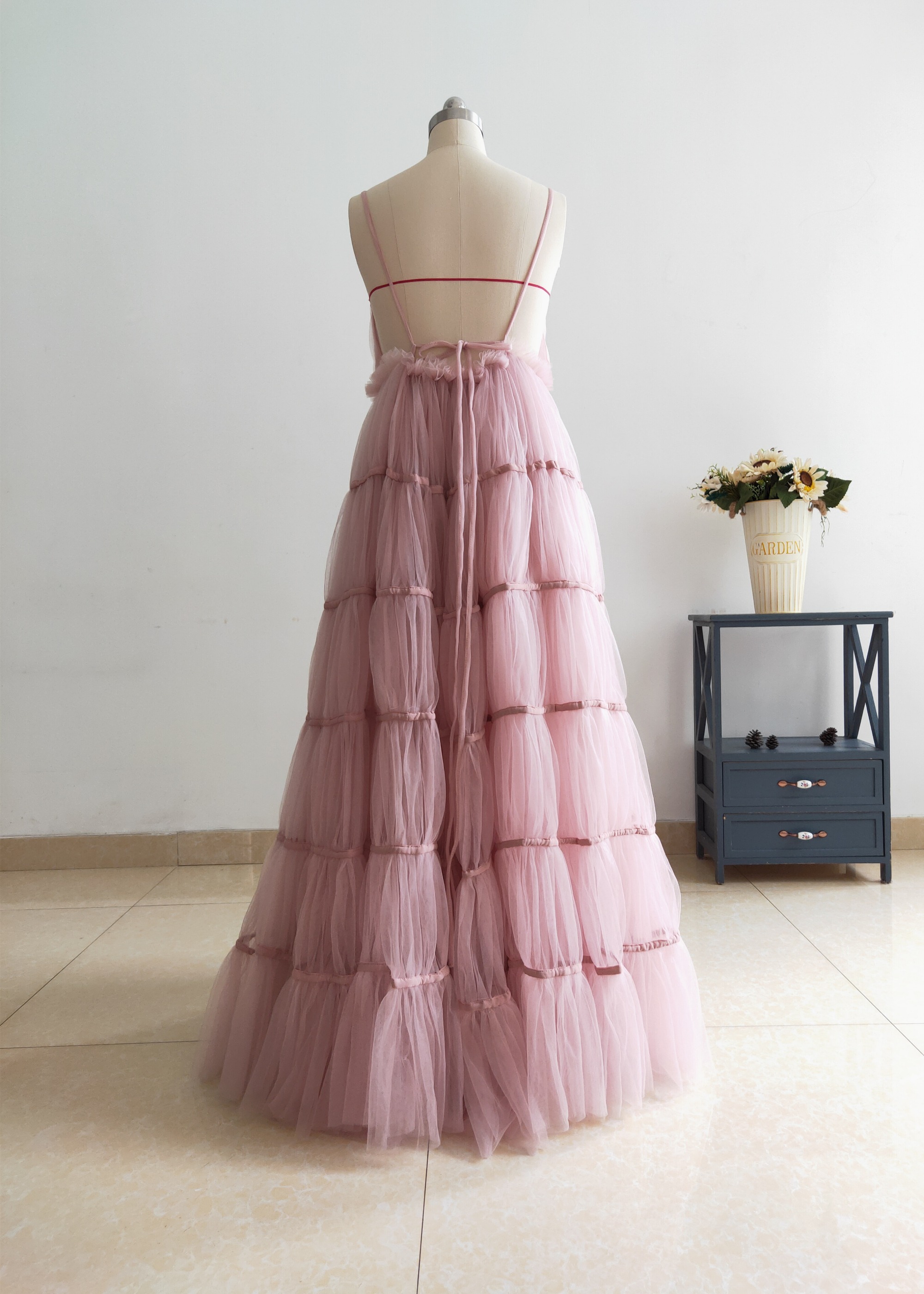 Mauve Tulle Deep V Neck Maternity Dress