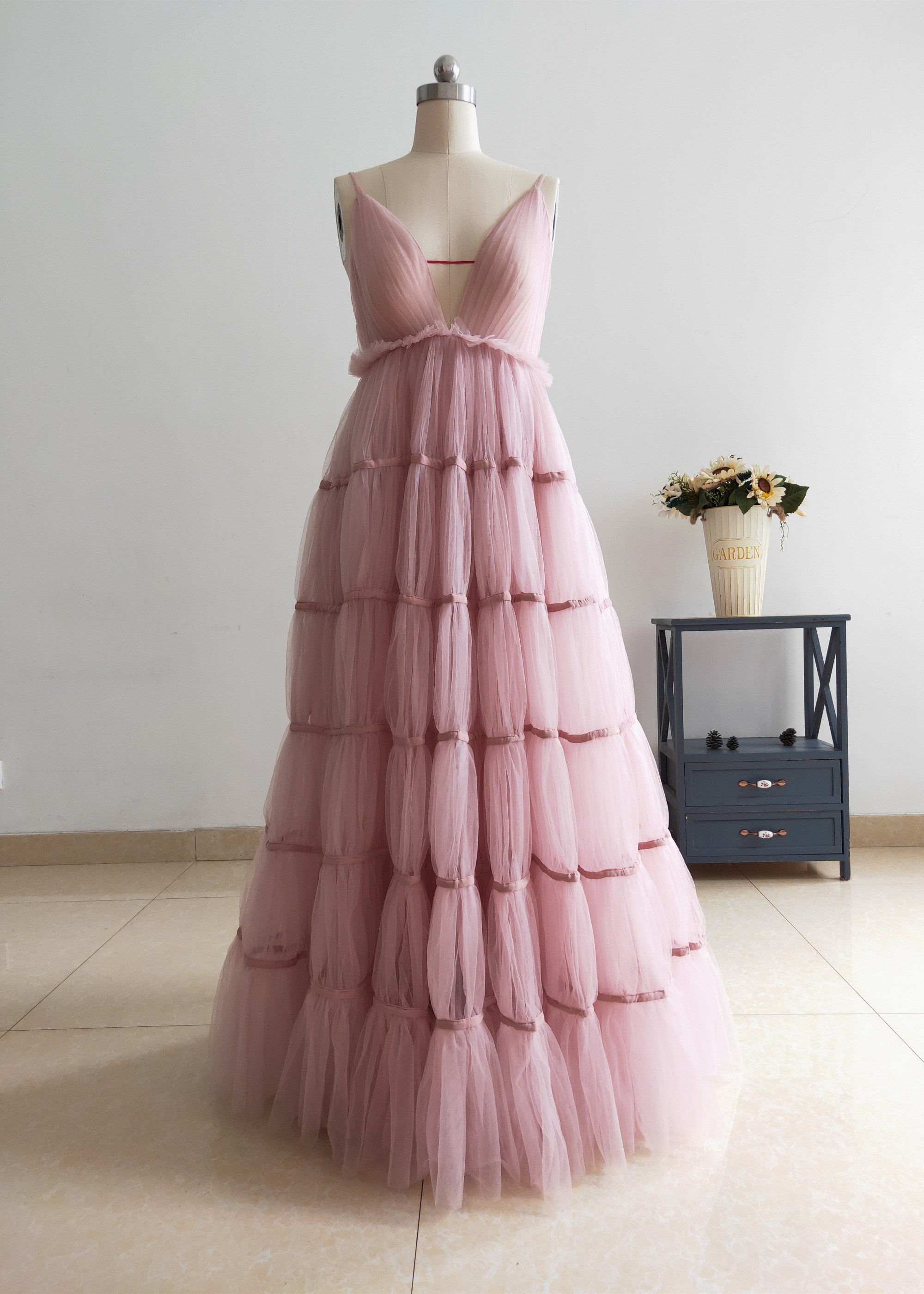 Mauve Tulle Deep V Neck Maternity Dress